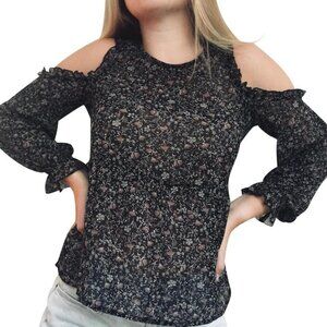 AMERICAN EAGLE BLACK FLORAL SHEER GAUZY COLD SHOULDER BOHO BLOUSE SIZE M…